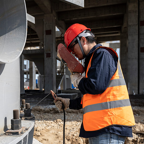 A worker welding at a construction site