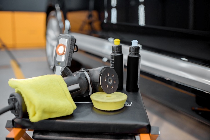 Car polishing equipment with a microfiber cloth and pads in Greenville, SC